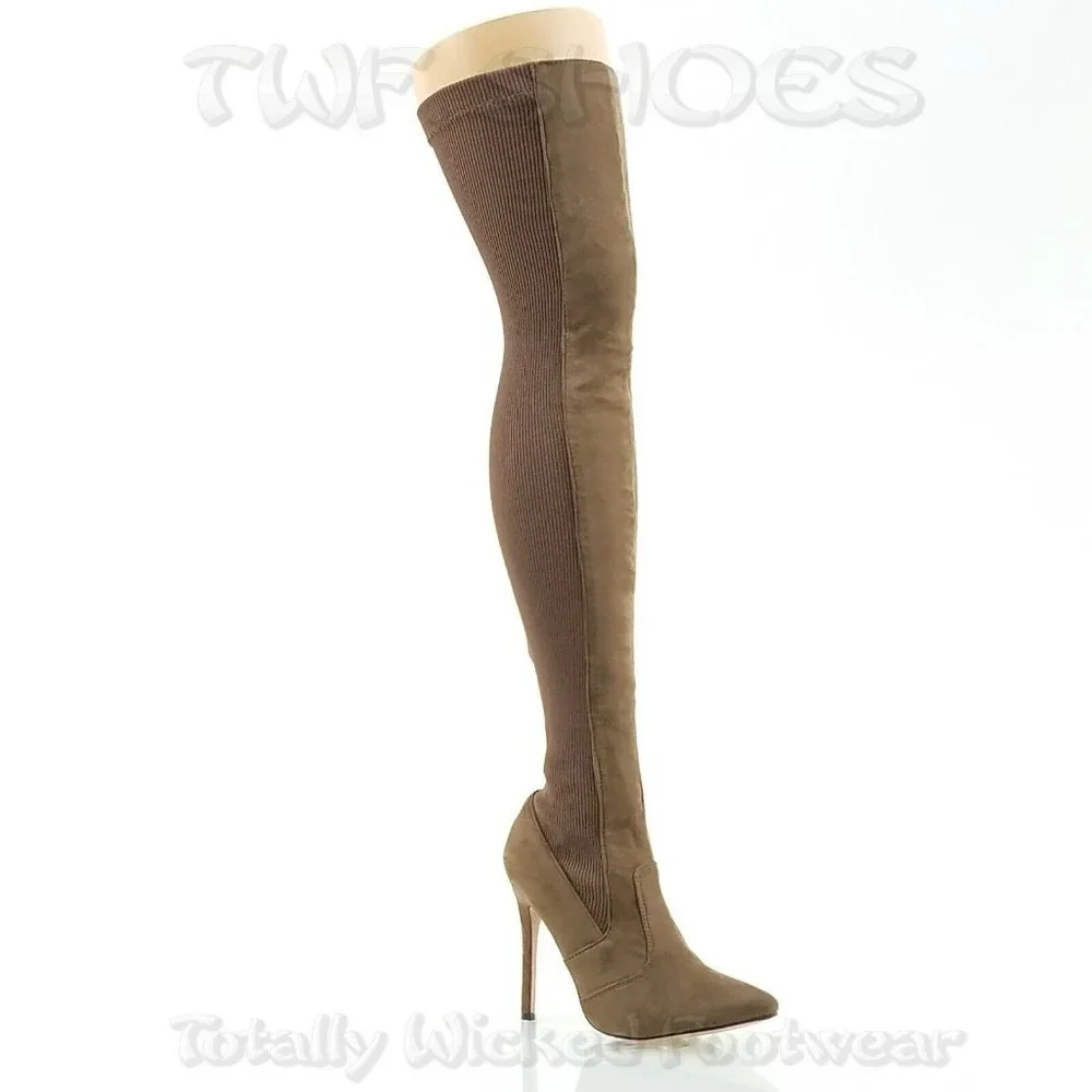 Brand New Chase Taupe Knit / Faux Suede Stretch OTK High Heel Thigh Boots